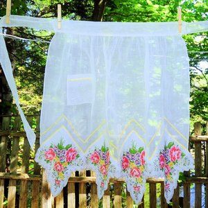 VTG 60's Rose & Pansey Handkerchief Hem Fancy Organza Hostess Apron Cottagecore